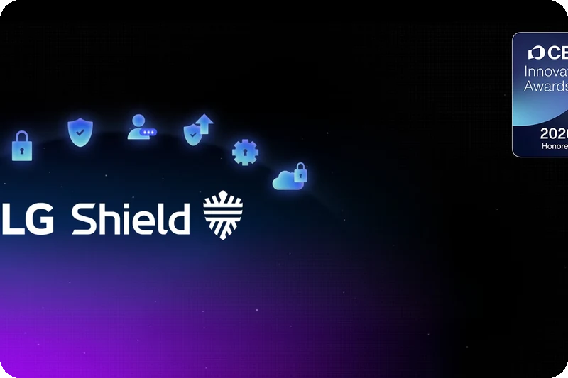 LG Shield security emblem with icons for privacy, data security and system protection.
