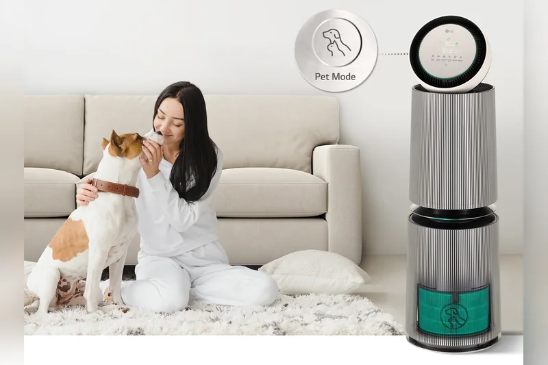 LG PuriCare Pet Care mode operating beside a pet owner and dog