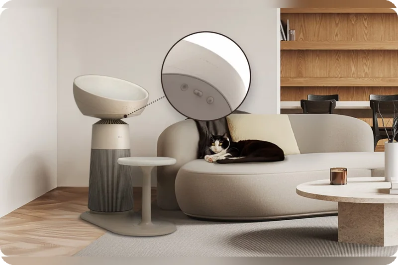 LG PuriCare AS25GCBZ0 hidden safety buttons beneath the dome seat