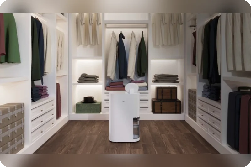 LG PuriCare DD16GMEE1 rapidly dehumidifying a laundry and wardrobe area