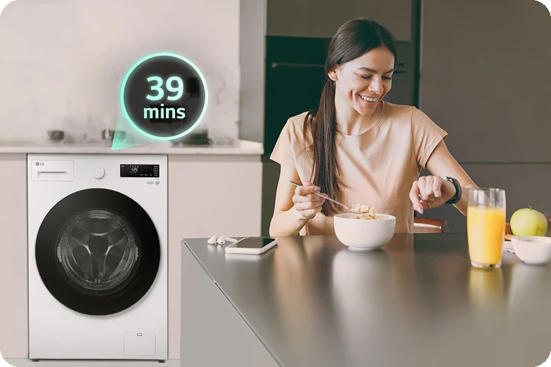LG washer using TurboWash 360 technology to complete a load in 39 minutes.
