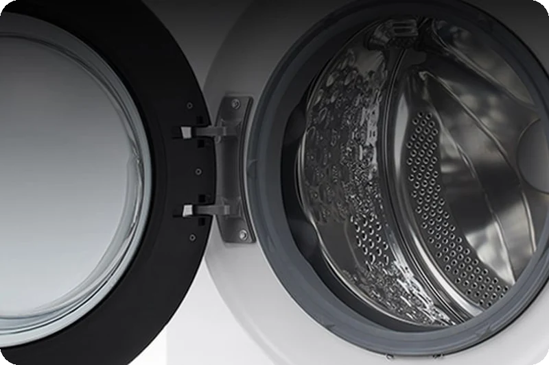 Close-up view of the LG washer's stainless-steel drum.