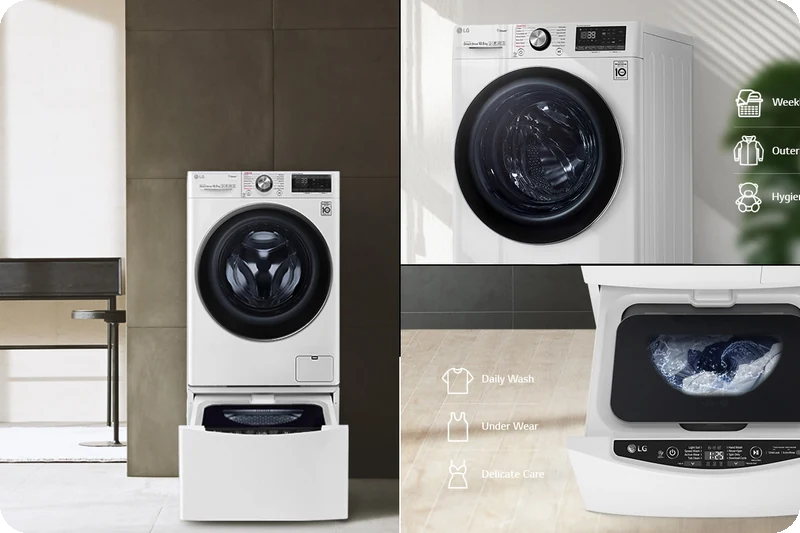 LG front-load washer installed above a compatible TWINWash Mini.