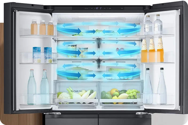 Cold air flowing from multiple angles inside a stocked refrigerator.