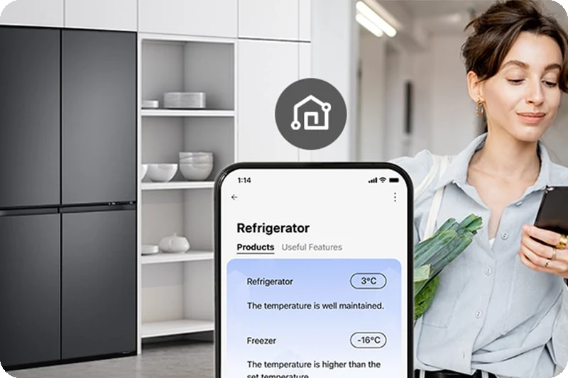 Smartphone connected to an LG refrigerator through LG ThinQ.