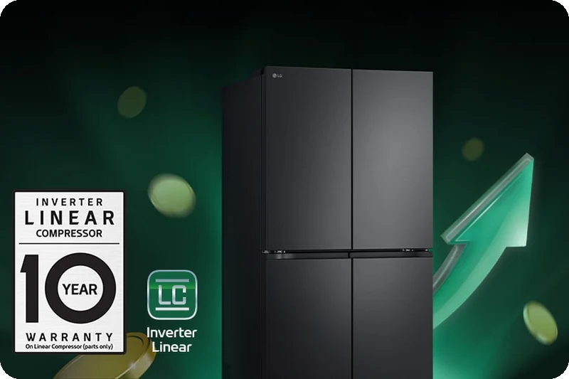 Refrigerator in front of rising arrows and stacked coins.