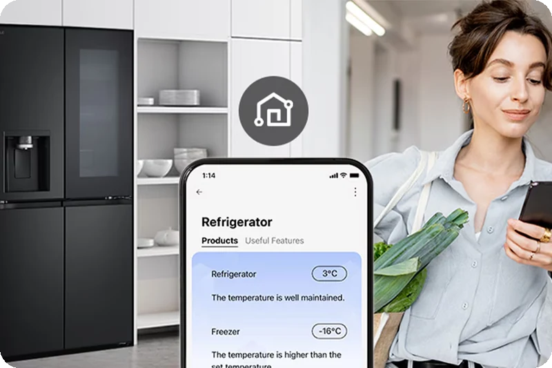 Smartphone connected to the LG refrigerator through LG ThinQ