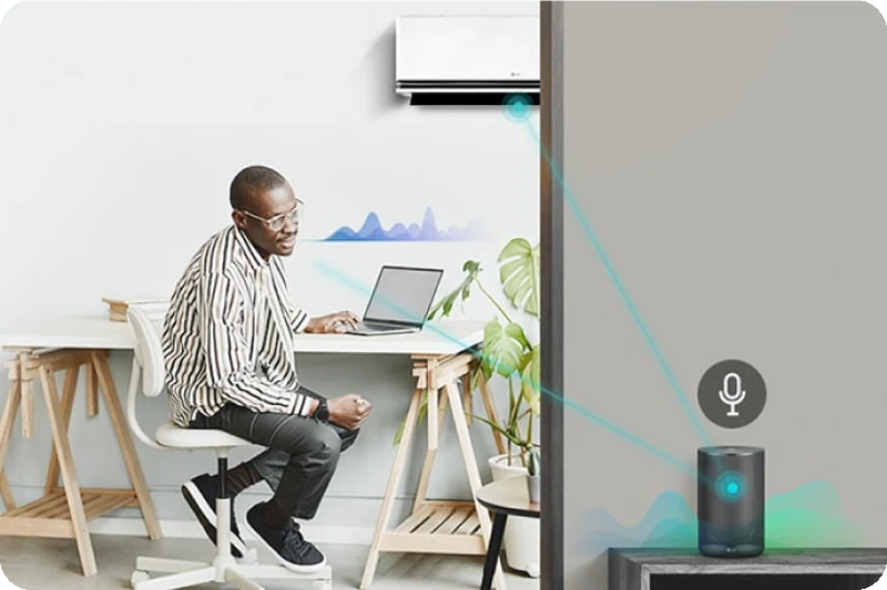 Man using an AI speaker to control an LG air conditioner by voice.