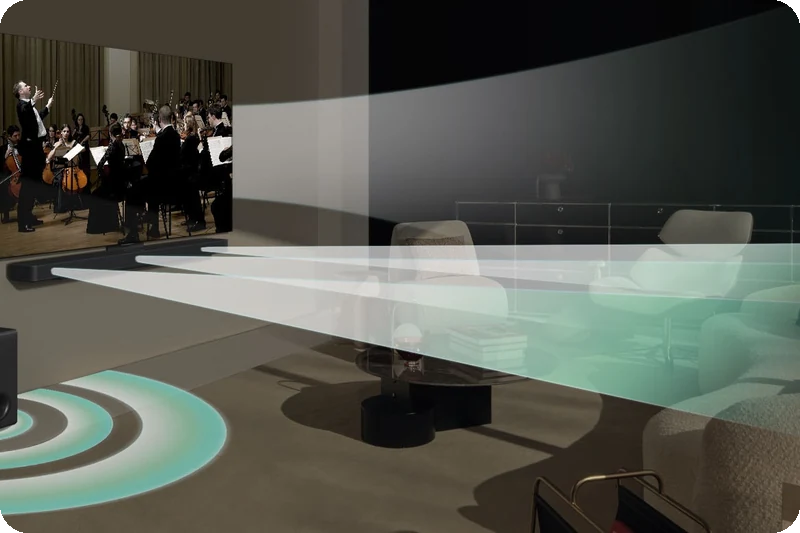 WOW Orchestra synchronizing sound from an LG television, S60TR Soundbar and subwoofer.