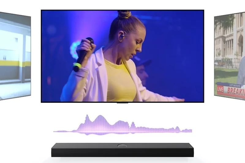 AI Sound Pro selecting sound profiles for music, news and action content on an LG television.