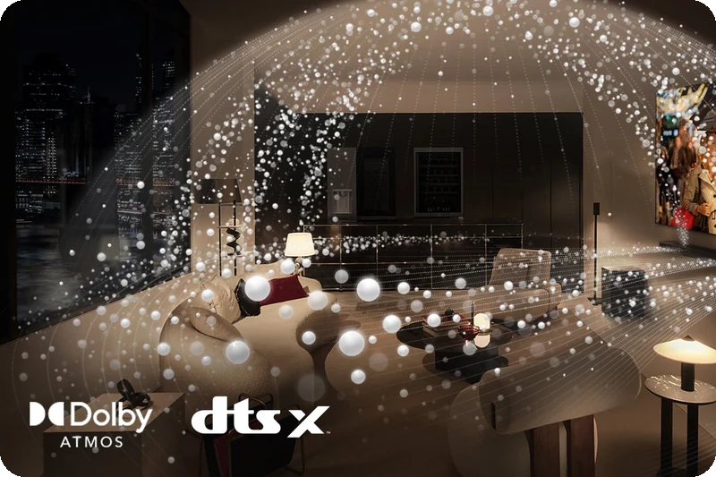 Dolby Atmos sound dome surrounding an LG television, S90TY Soundbar and seating area.
