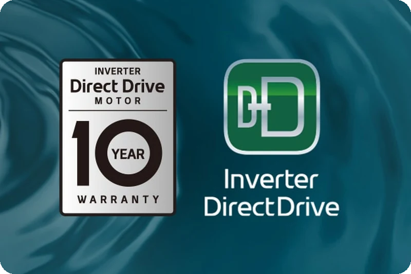 Inverter Direct Drive Motor ten-year warranty graphic on a gentle wave background.