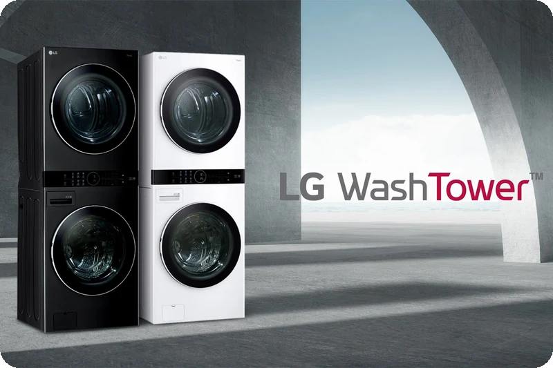 Black and white LG WashTower models arranged side by side in a modern room.