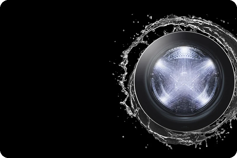 TurboWash 360 water jets spraying laundry inside an LG washer drum.