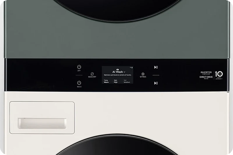 Central control panel shared by the washer and dryer in the LG Objet WashTower.
