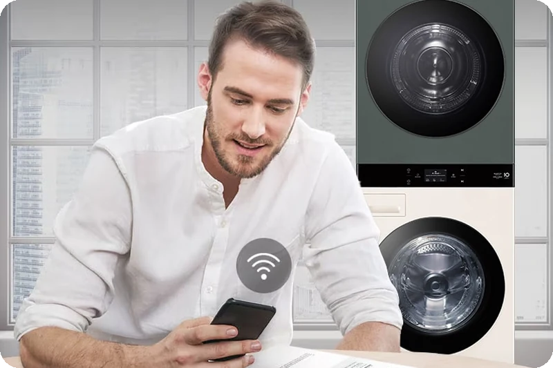LG ThinQ app displaying LG WashTower cycle status and notifications.